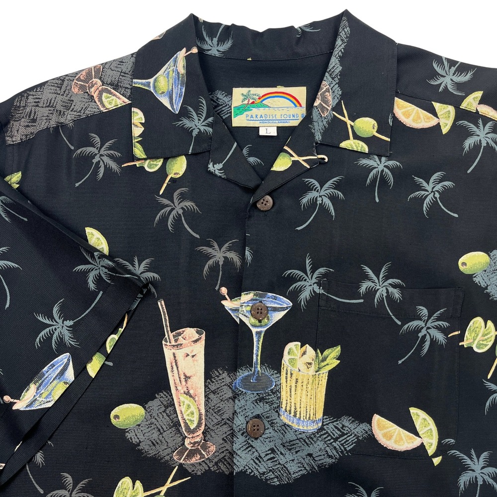 Paradise Found Mens Martini Cocktail Hawaiian Aloha Shirt Black Large Button Up
